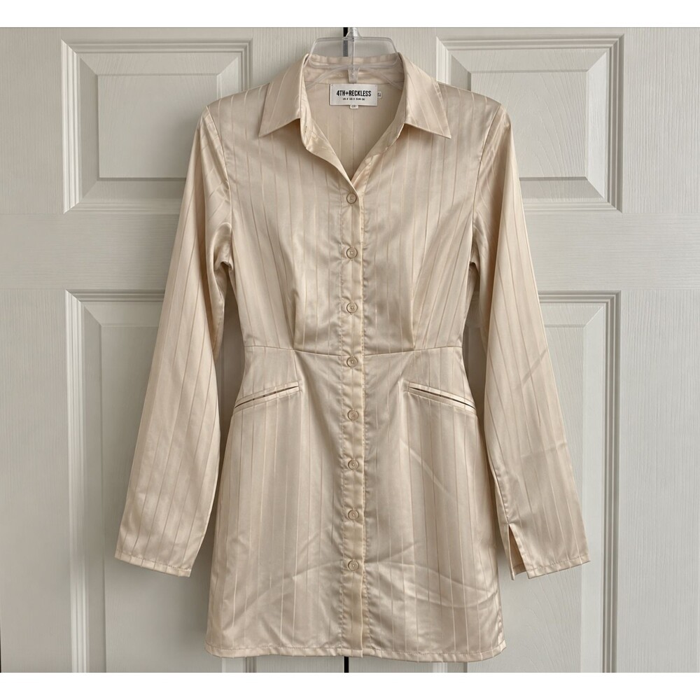 4th & Reckless Womens S Beige Satin Pinstripe Blazer Shirt Dress Tailored Mini